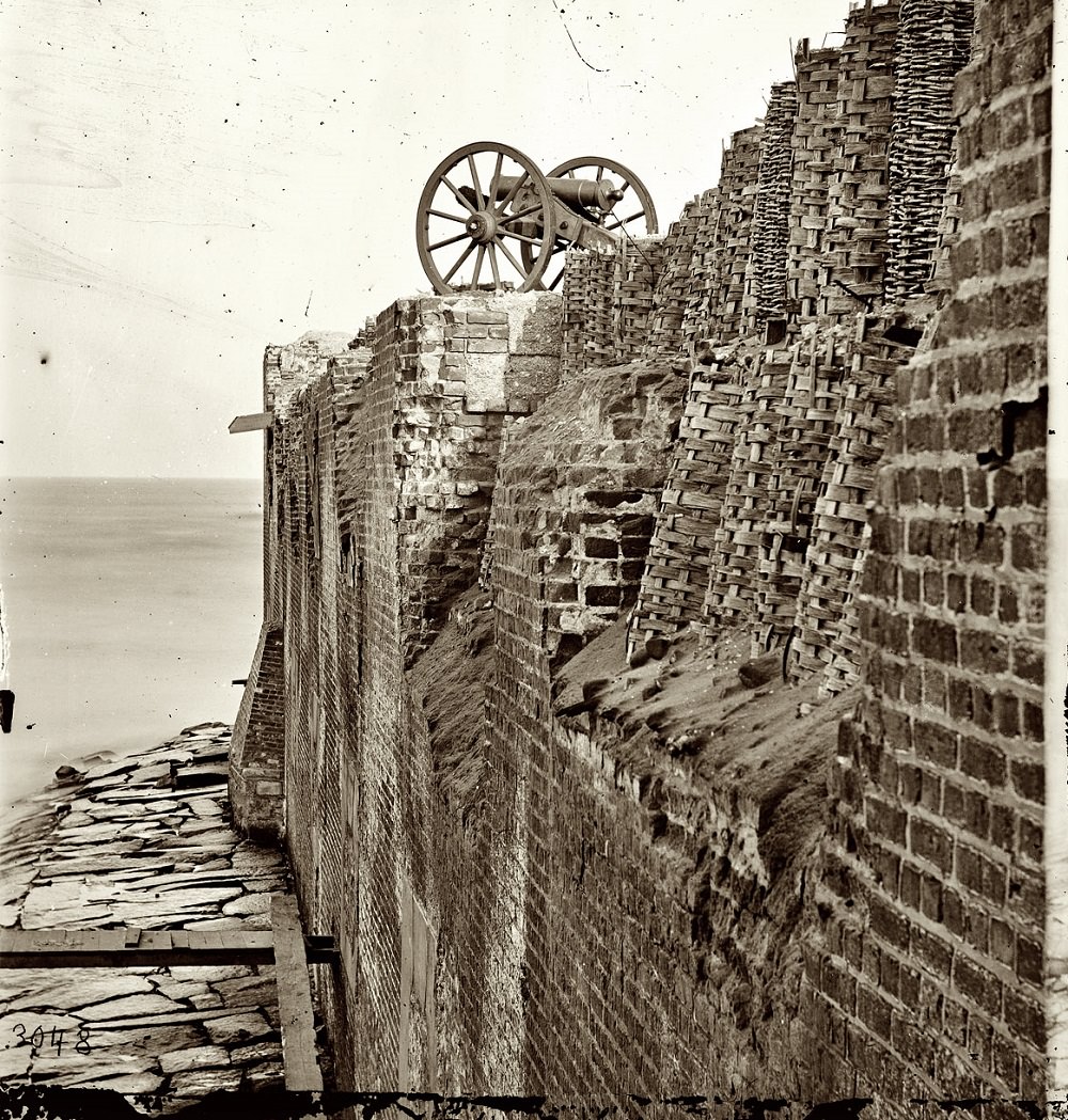 #53 Breach patched with gabions on the north wall of Fort Sumter, Charleston, 1865
