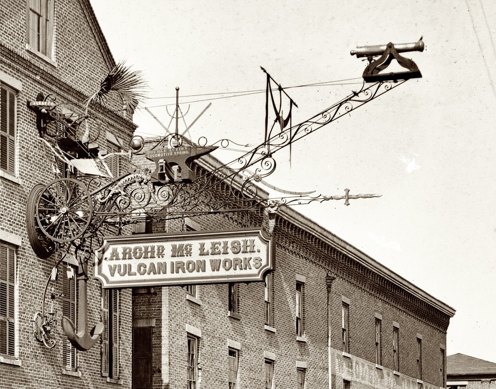 #54 A closeup of the Vulcan Ironworks sign on Cumberland Street in Charleston, South Carolina, 1865