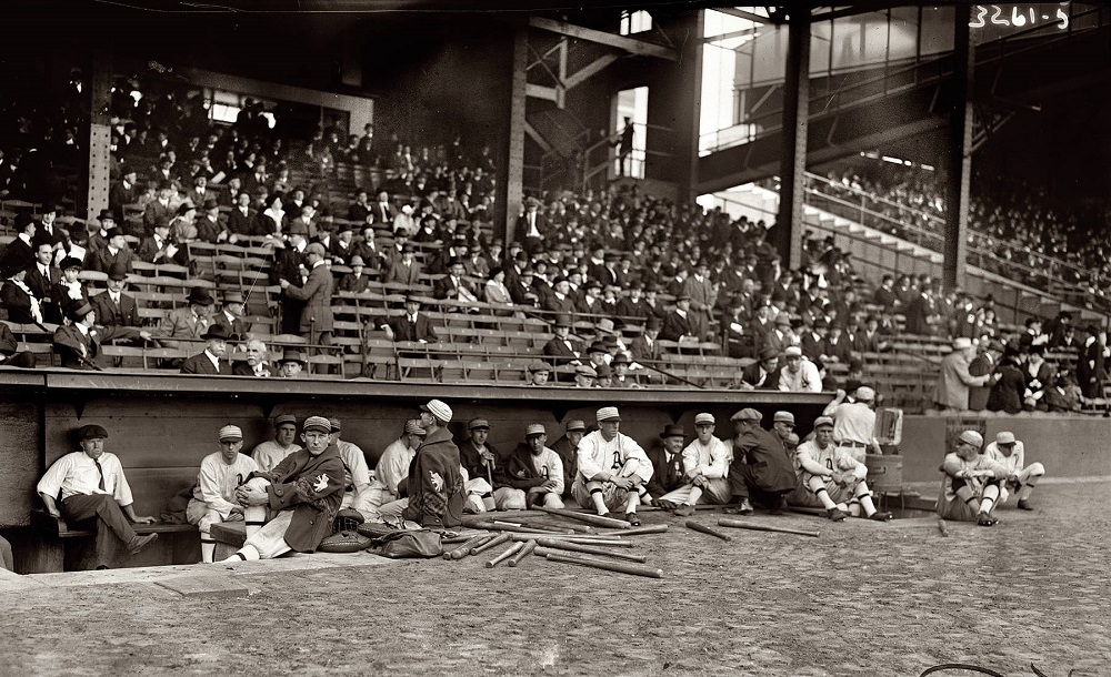 #70 Philadelphia Athletics dugout prior to start of Game 1 of 1914 World Series at Shibe Park, October 9, 1914
