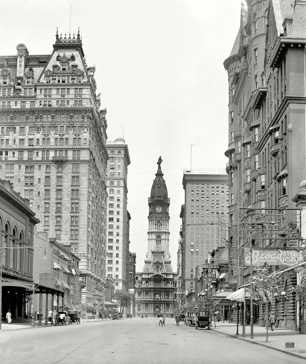 #18 Broad Street north from Walnut.” With City Hall, William Penn and two young friends center stage, Philadelphia circa 1909