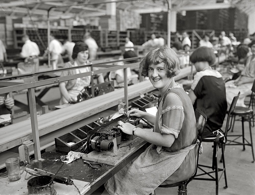 #97 Starting assembly of set (Mary Ramsey), A worker at the Atwater Kent radio factory in Philadelphia, 1925