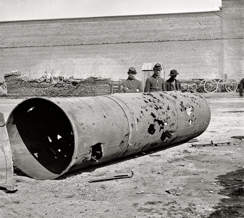 #27 Battered smokestack from C.S.S. ironclad ram Virginia No. 2, Richmond, Virginia, April 1865