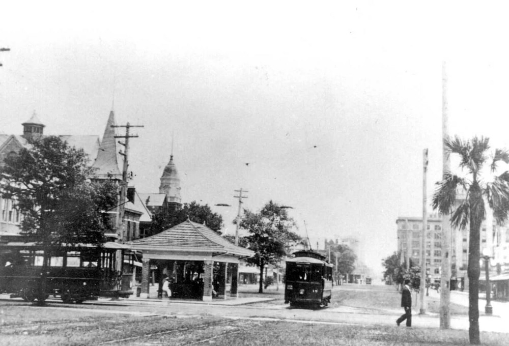 #16 Two streetcars meet at Palafox and Gregory Streets in Pensacola, 1910s