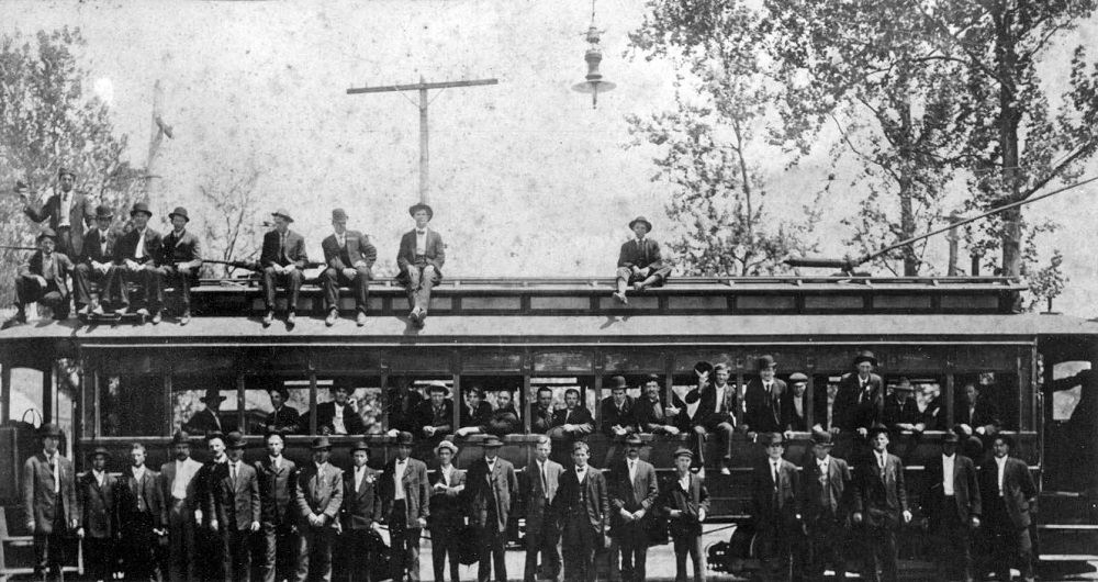 #7 Striking streetcar workers pose with a “captured” streetcar in the early days of a 1908 strike, Pensacola
