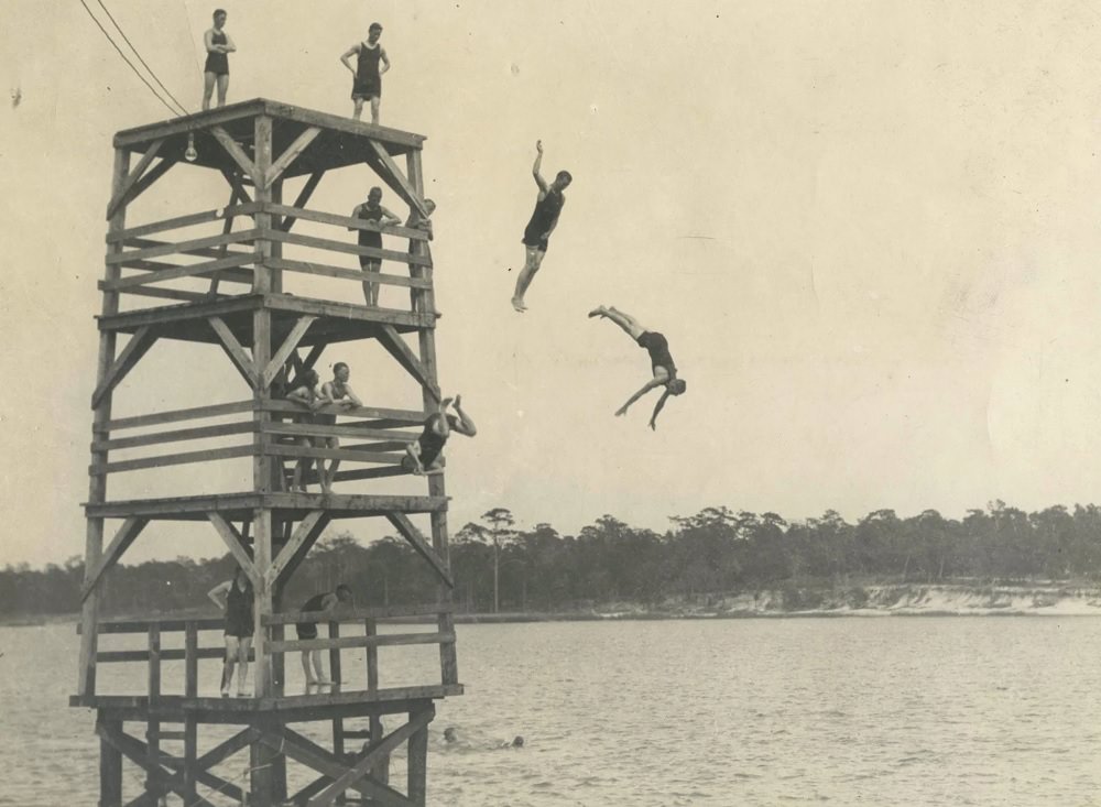 #33 A 30 foot diving platform at the the shore of the park in Bayou Texar, East Pensacola, 1910