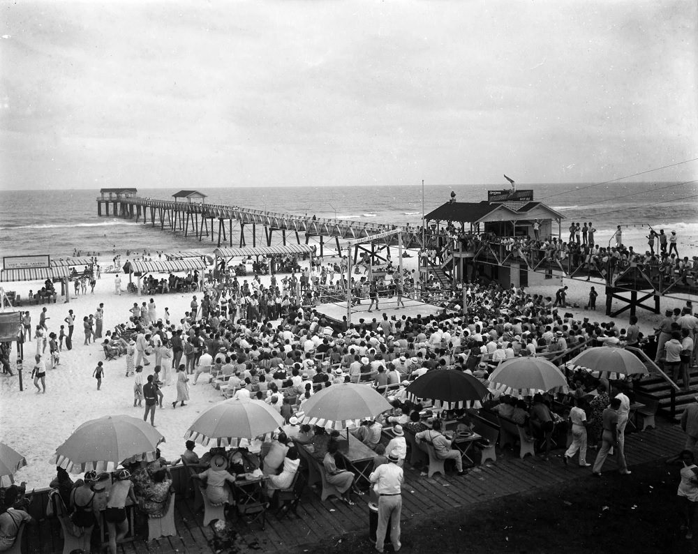#53 A crowd gathers at the Pensacola Beach Casino to watch a boxing match, 1930s