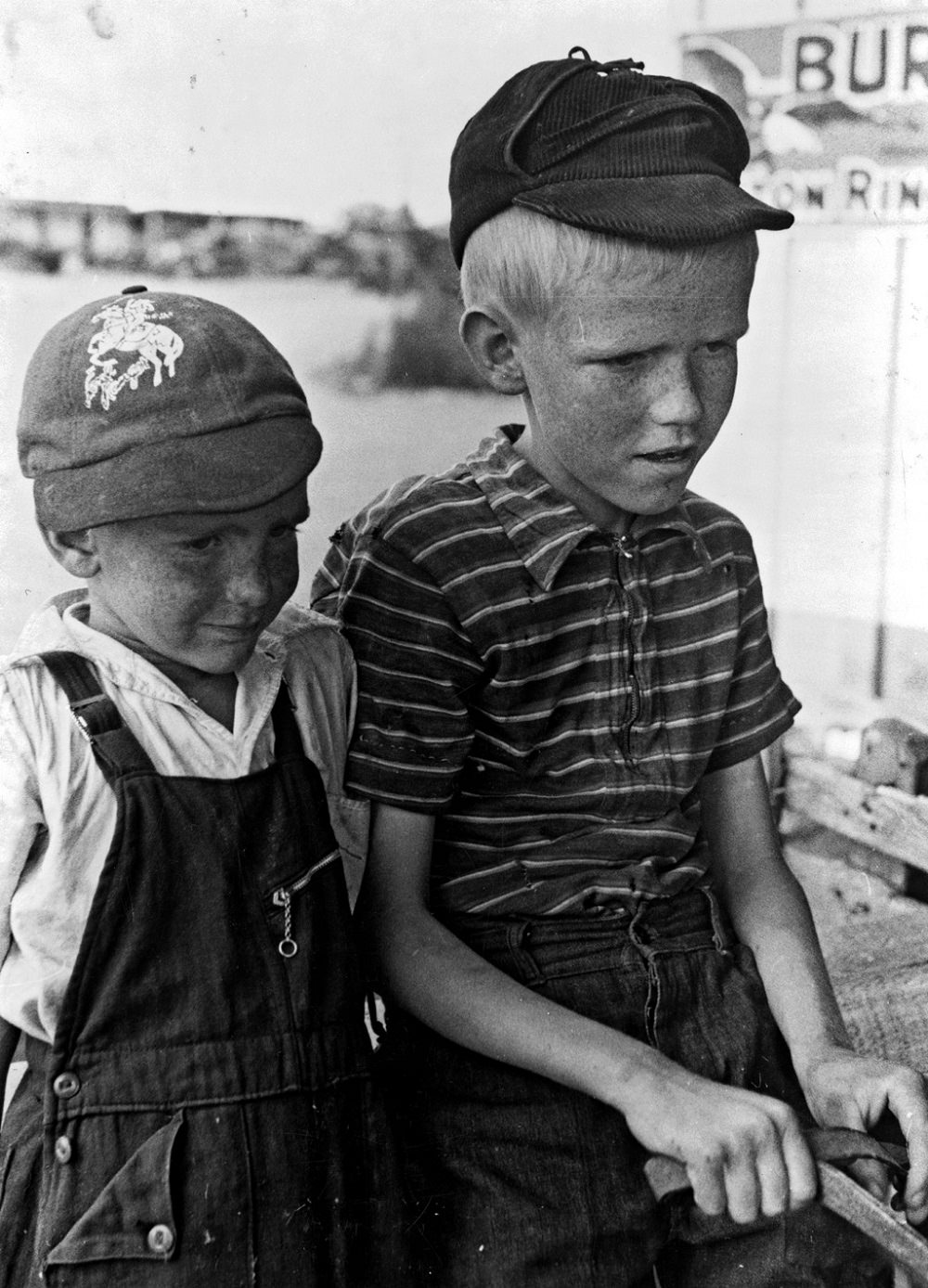 #9 Sons of Mr. Leatherman ride in a burro-drawn cart in Pie Town, New Mexico, June 1940
