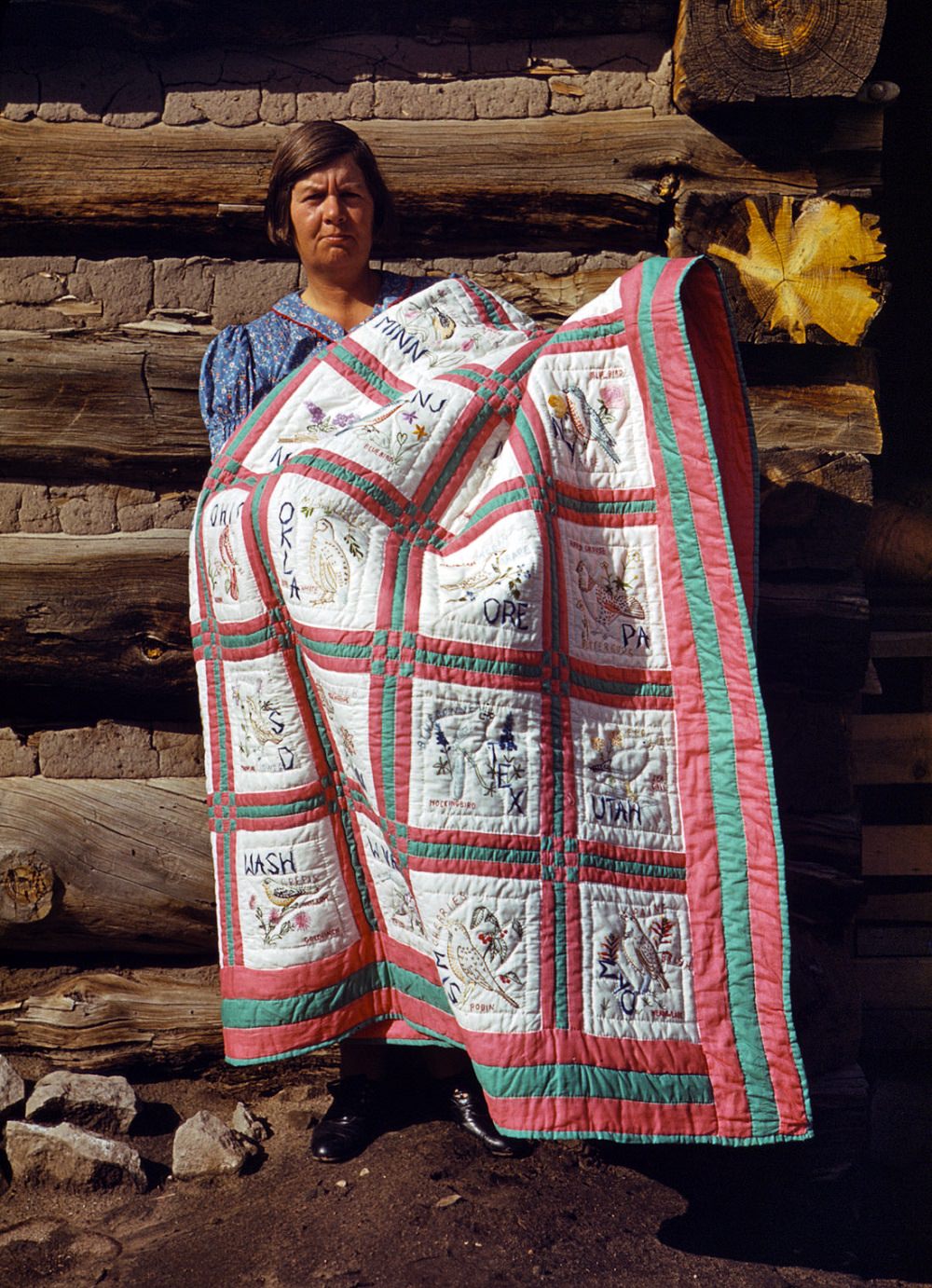 #4 Mrs. Stagg helps her husband in the field with plowing, planting, weeding corn and harvesting beans. She quilts while she rests during the noon hour. Pie Town, N.M. October 1940.