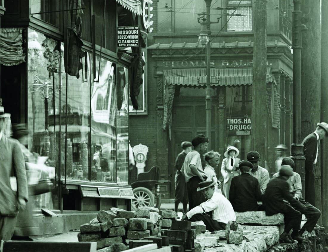 #62 Bystanders observing street construction at the intersection of Grand Avenue and Olive Street, 1907