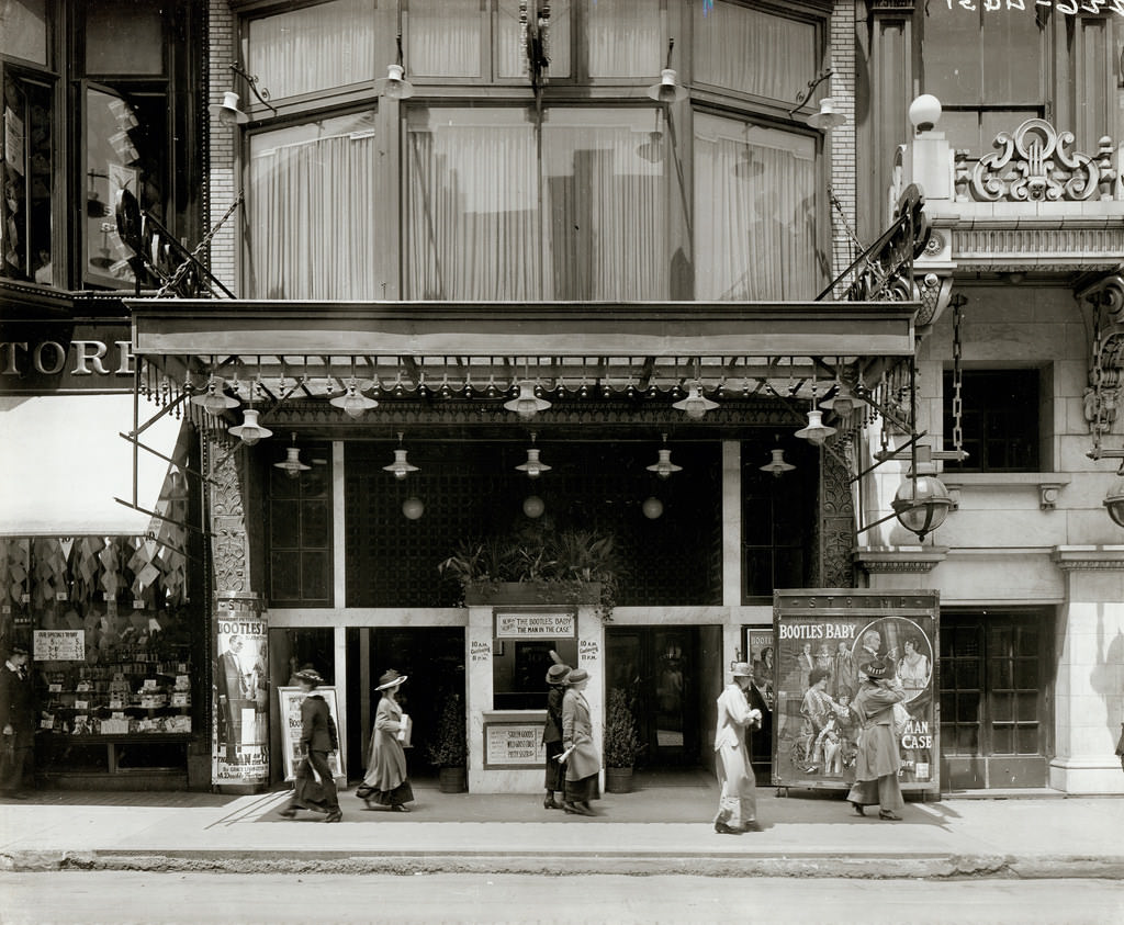 #28 Strand Motion Picture Theater entrance at 419 North Sixth Street featuring advertisement for the movie Bootles’ Baby, 1915