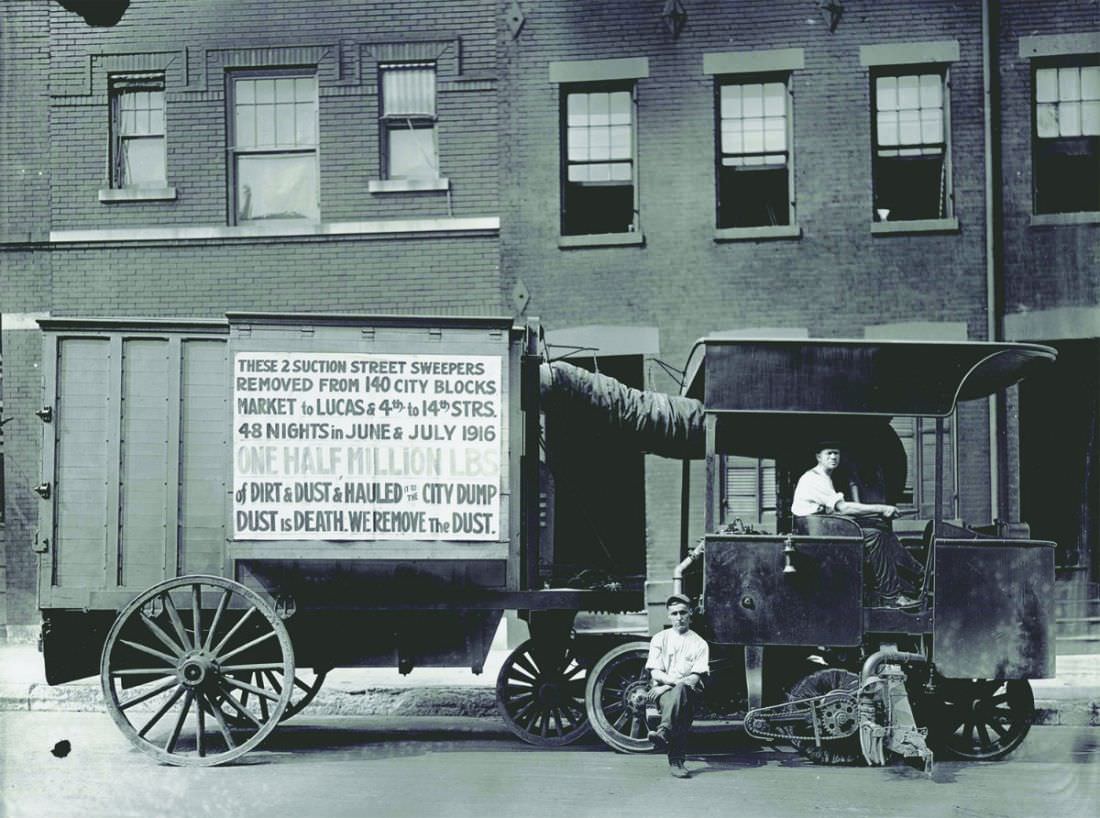 #9 Street sweeper truck reading “Dust Is Death,” on an unidentified street in St. Louis, 1916