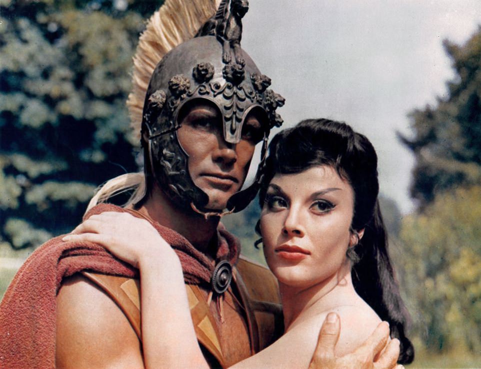 Steve Reeves holding Daniela Rocca in a scene from the film ‘Giant Of Marathon’, 1959