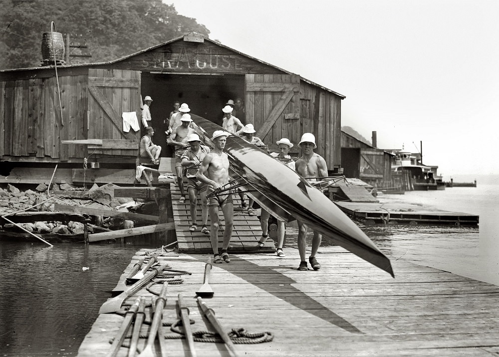 #23 Syracuse Varsity crew team at boathouse, 1914