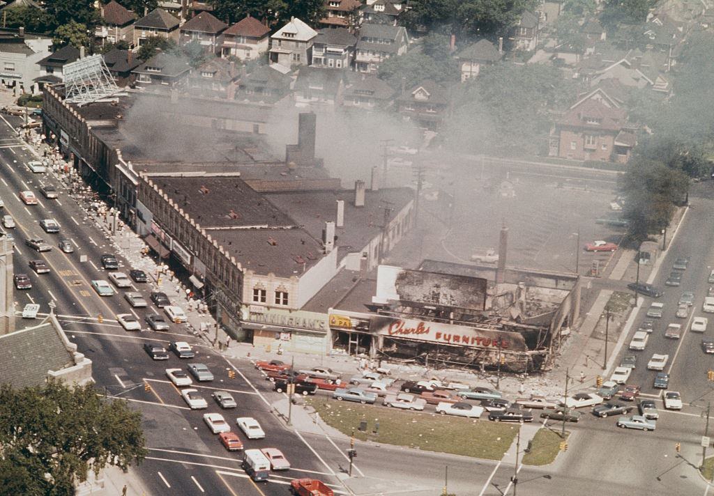 #25 Aerial view of burnt out buildings and general destruction of shops and retail premises in Detroit , 1967