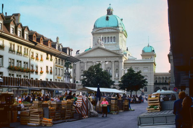 #28 A street market in front of the National Capitol of Switzerland in Bern, Switzerland, 1980s