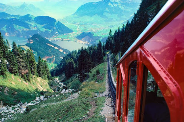 #10 Coming down Mount Pilatus on the world’s steepest cogwheel railway near Alpnachstad, Switzerland, 1980s