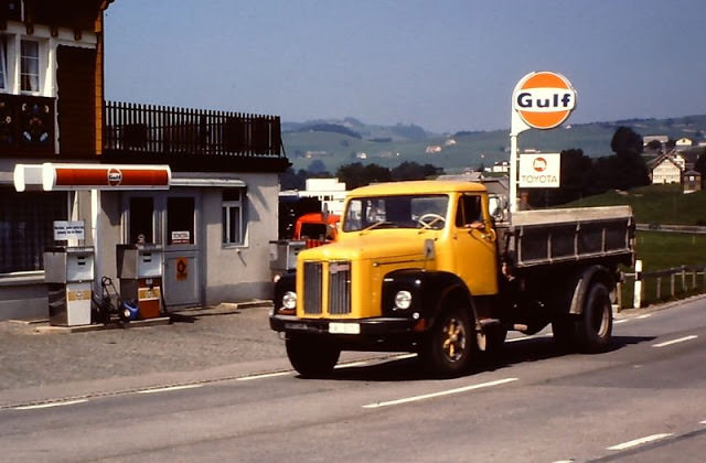 #47 Scania dumper and Gulf petrol station near Appenzell, Switzerland, 1980s