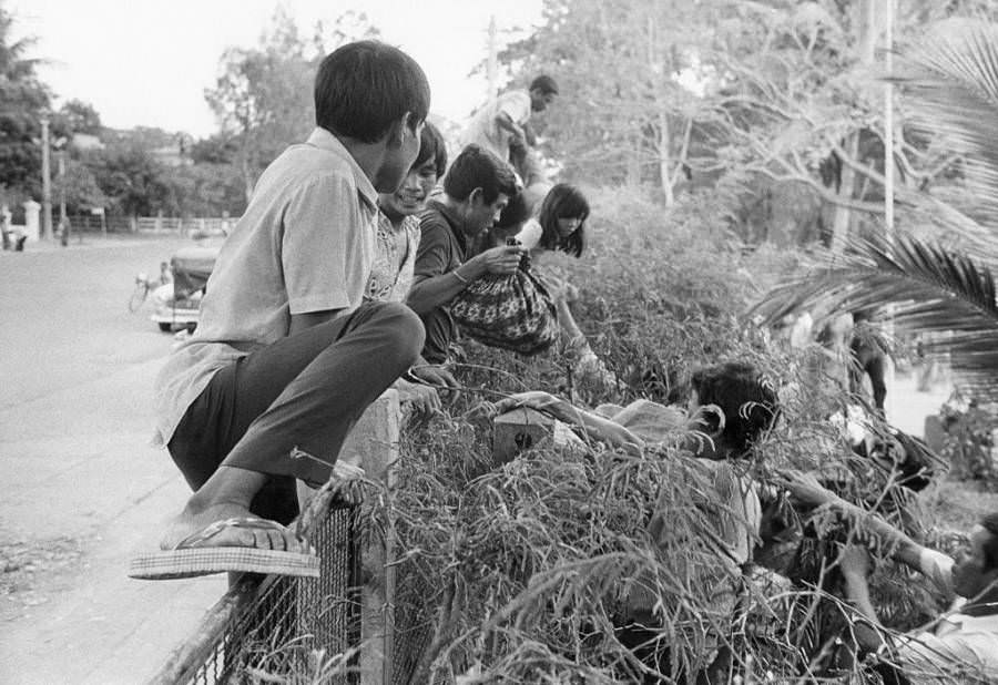 #23 Cambodians climb over a fence, trying to escape to the French Embassy, 1975
