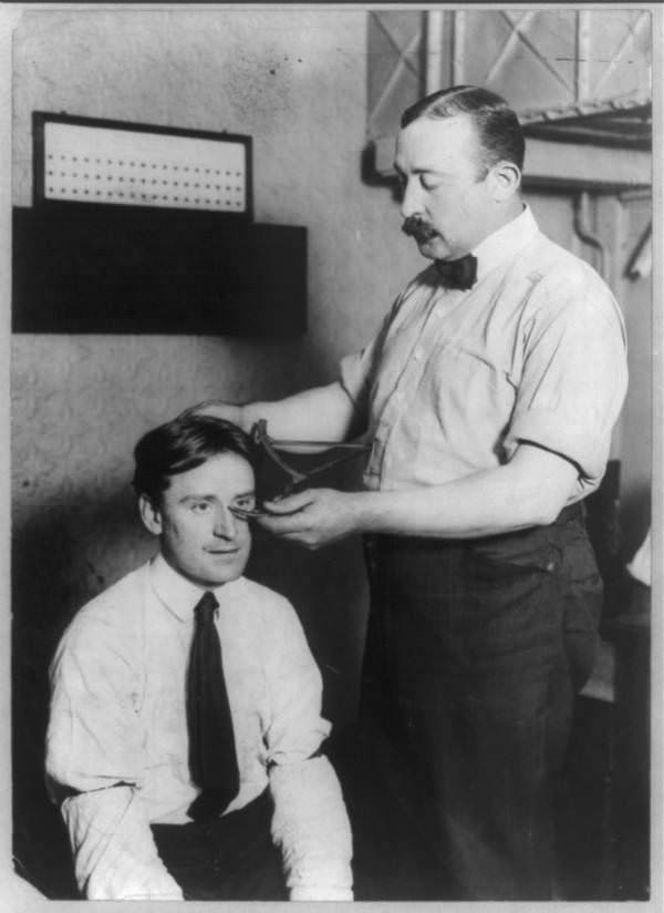 The New York City Police Department demonstrates how to measure a criminal’s cranium, 1908
