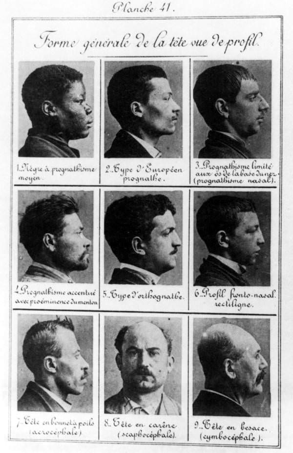 Portraits demonstrating the standard head shapes of “criminal types” of various races from France, 1914
