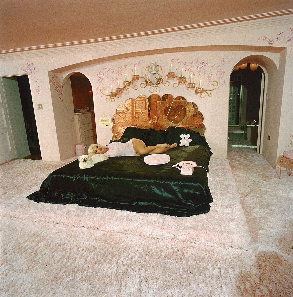 #3 Jayne Mansfield lounges on a bed with her dog in her, 1960s