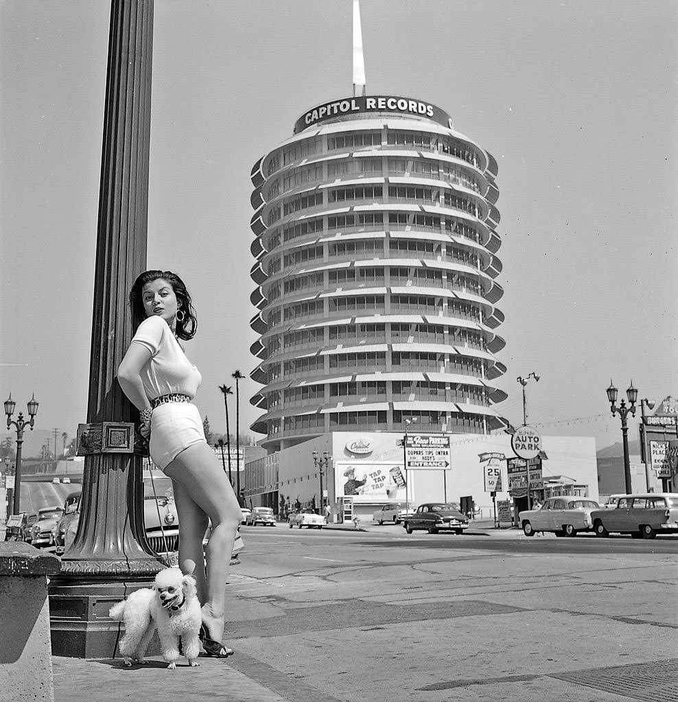 #2 Joan Bradshaw poses by the Capitol Records building on September 8, 1957