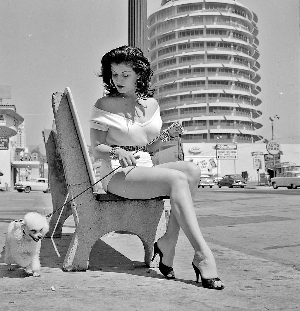 #6 Joan Bradshaw sitting on a bench after a walk with her dog, 1957