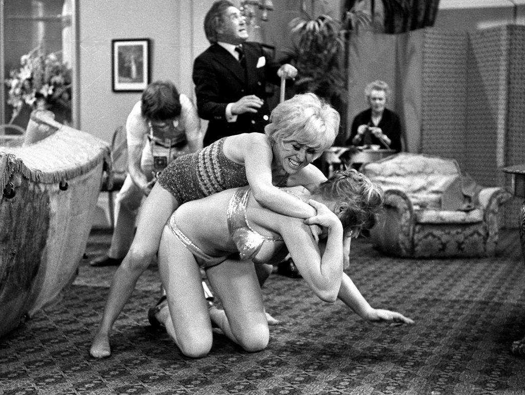 #12 Margaret Nolan and Barbara Windsor in the film ‘Carry On Girls’, 1973.
