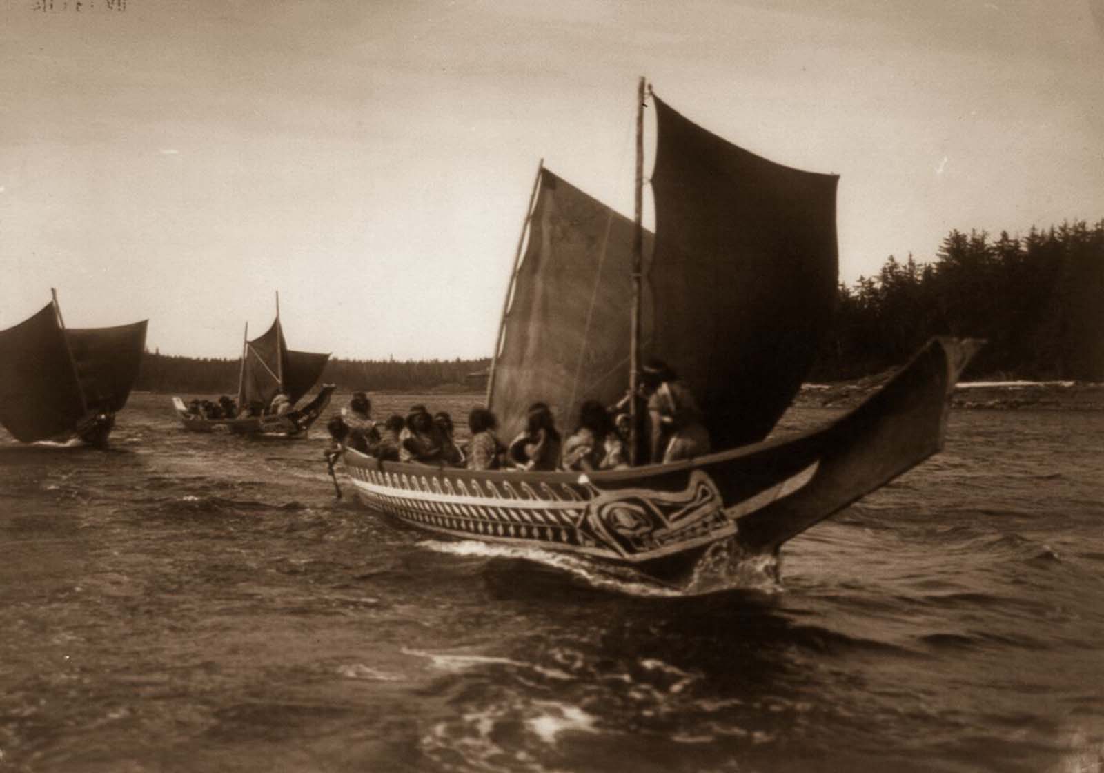 #2 Kwakiutl people in canoes in British Columbia. 1914.