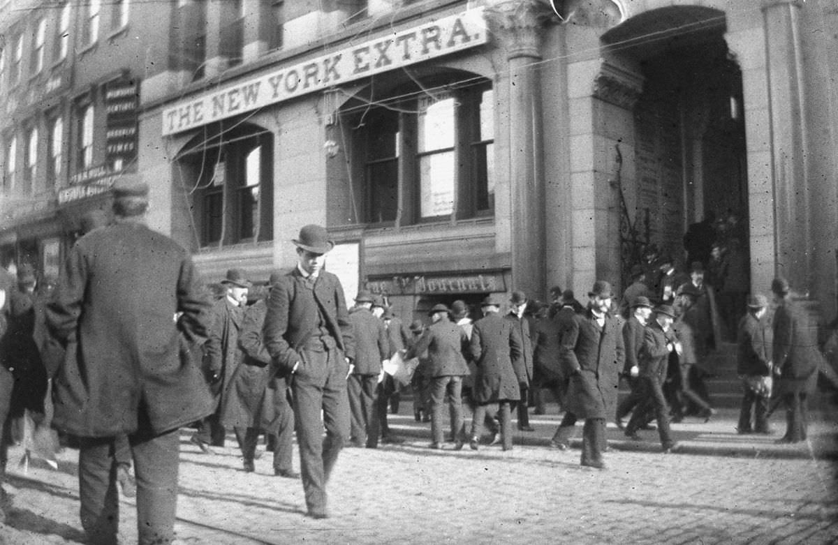 #2 Crowds of men outside the New York Tribune building in lower Manhattan, Nov. 6, 1884