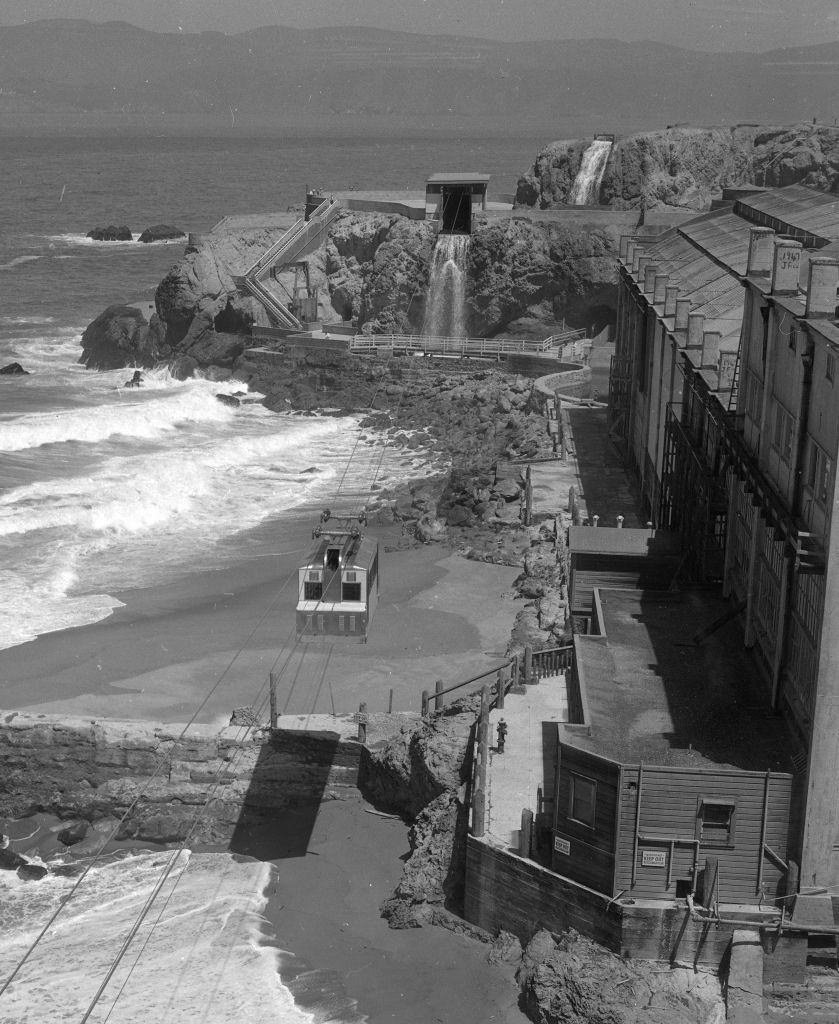 #19 Sky Tram ran from Cliff House past the Sutro Baths to Point Lobos is nearing completion, 1955