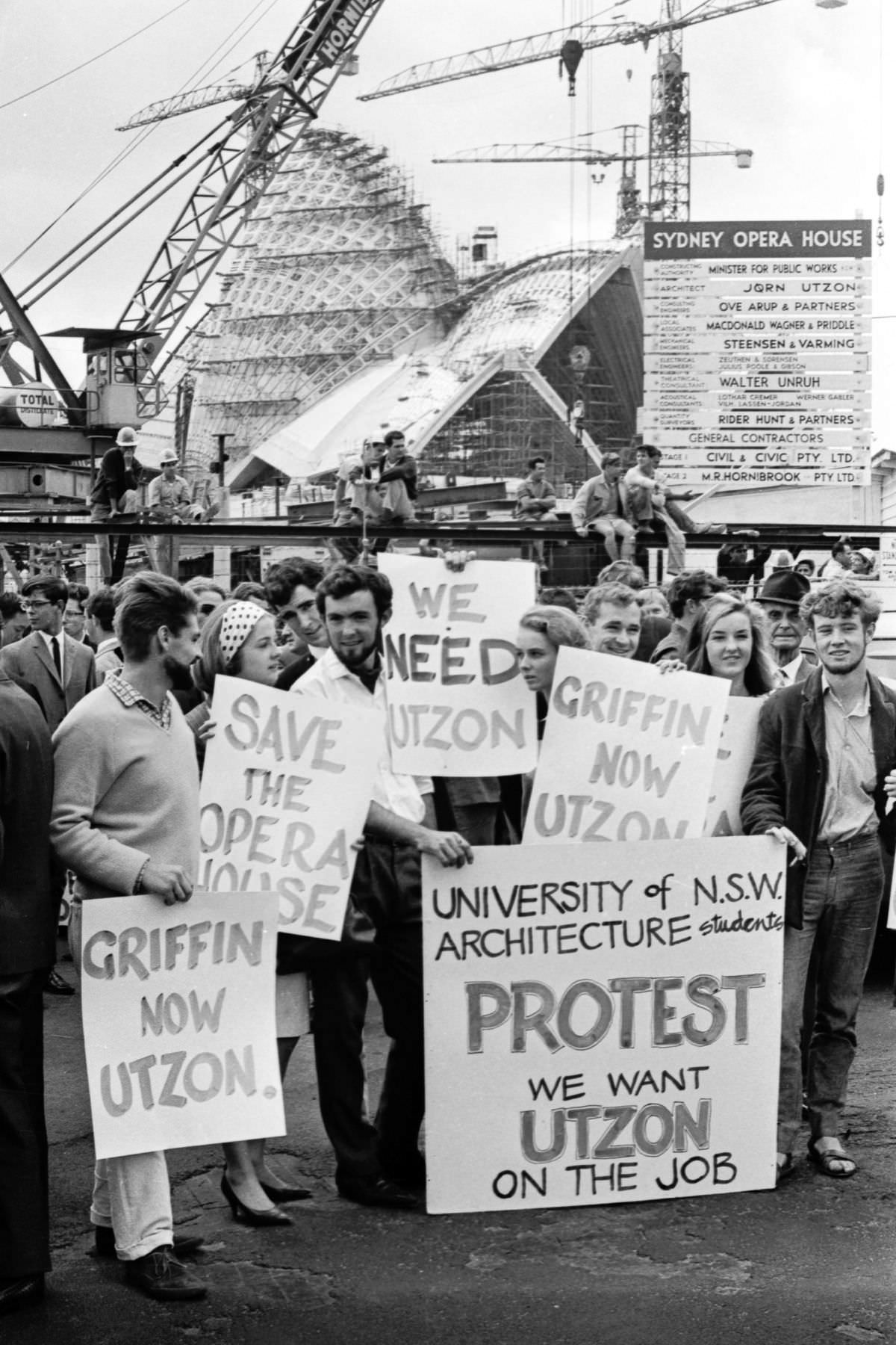#18 Students protest and march from Sydney Opera House to Parliament House in Sydney after the resignation of architect Jørn Utzon, March 3, 1966.