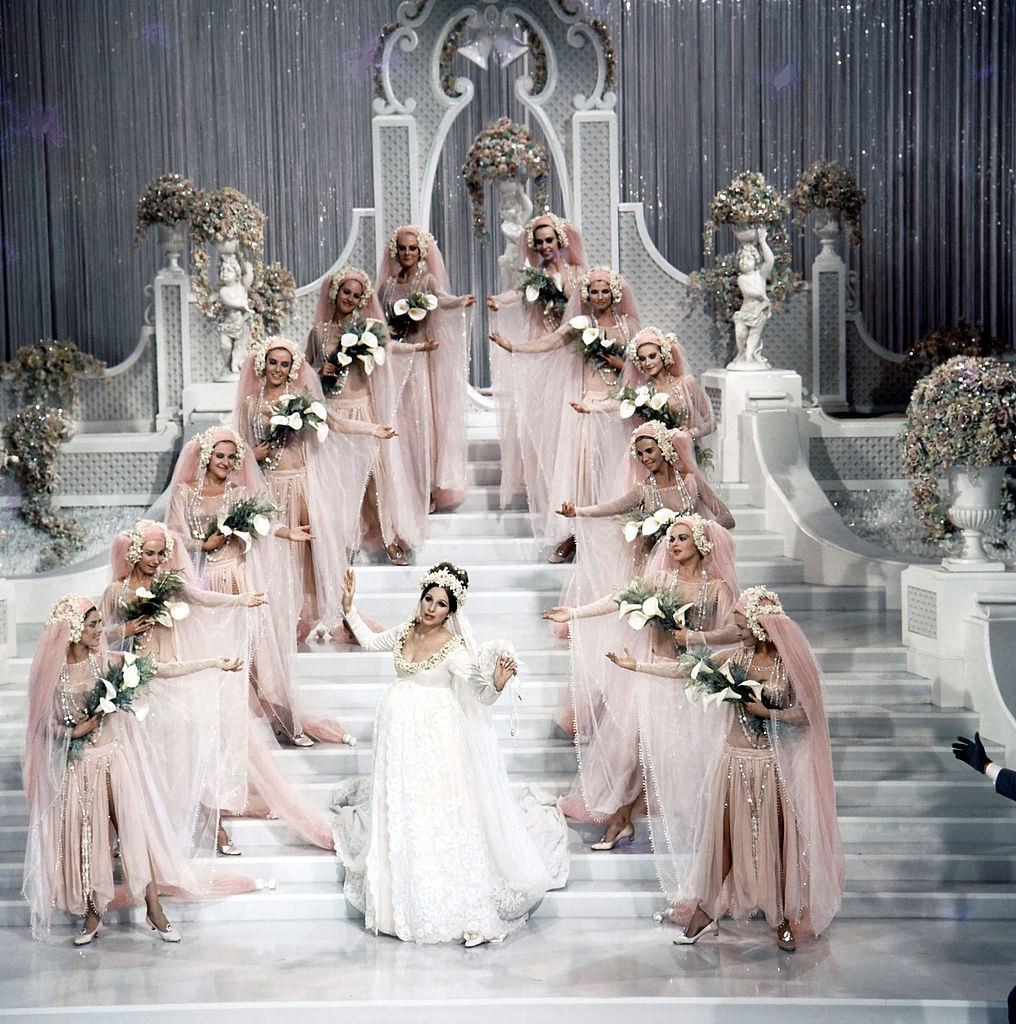#44 Barbra Streisand sings in a wedding dress in a scene from the film ‘Funny Girl’, 1968