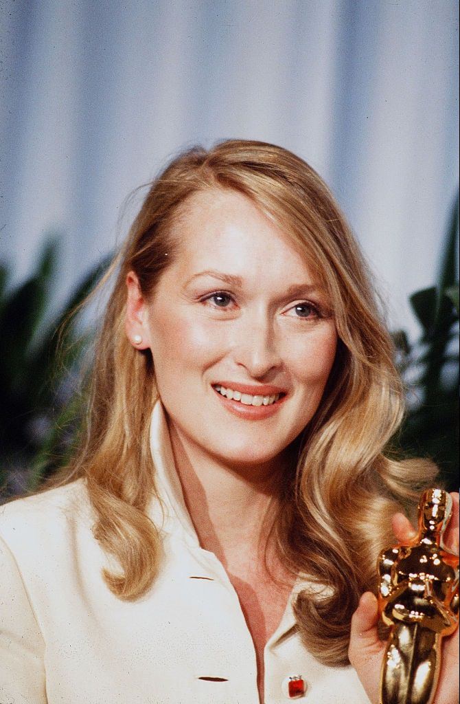 Meryl Streep poses backstage after winning “Best Supporting Actress” during the 52nd Academy Awards, 1980