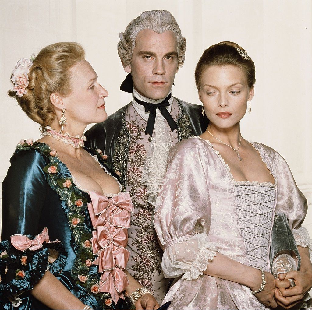 Michelle Pfeiffer with Glenn Close and John Malkovich in the film ‘Dangerous Liaisons’, 1988