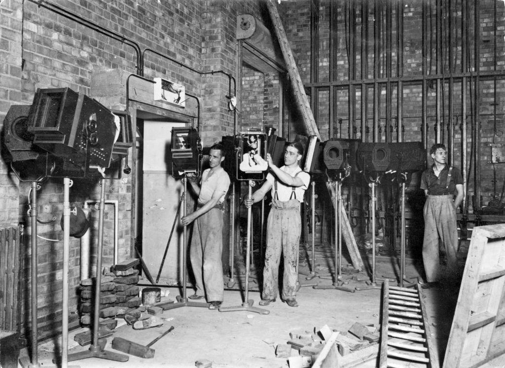 #21 Spotlights and stage equipment on stage at the new Paramount Cinema as it nears completion, Paramount Cinema New Street Birmingham, 1937.
