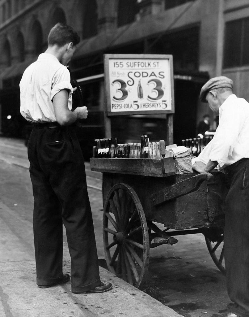 #40 Street Vender selling sodas for 3 cents, NYC, 1930s.