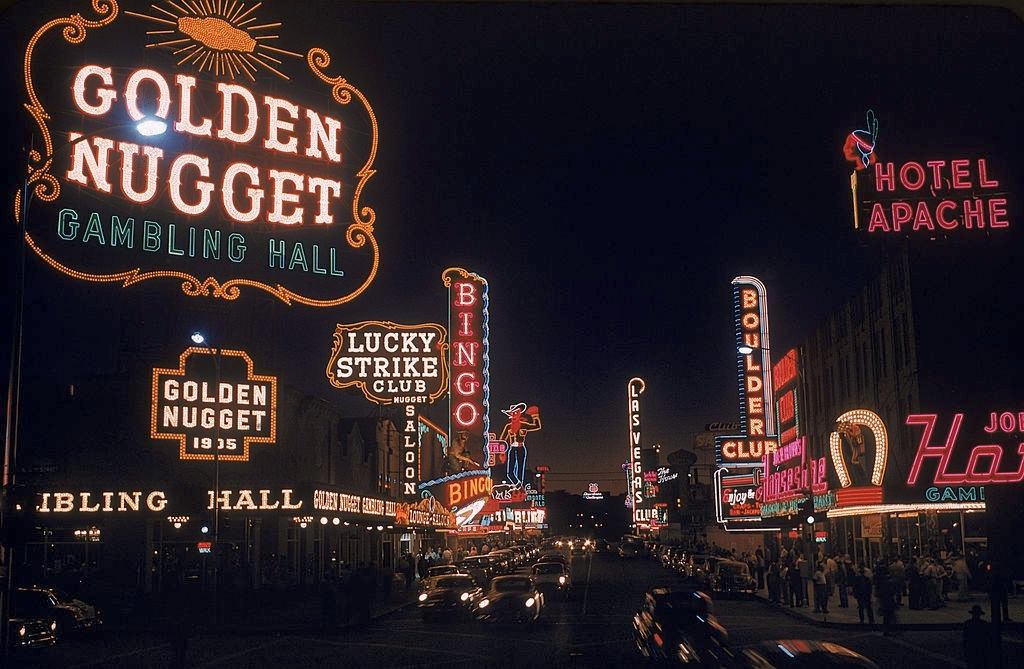 #3 View of the illuminated sign of casinos and hotels along Fremont Street, Las Vegas, 1955
