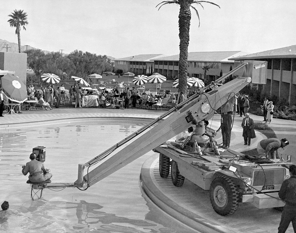 #5 Frank Sinatra with crew and band in 1955 at the Sands Hotel Las Vegas.