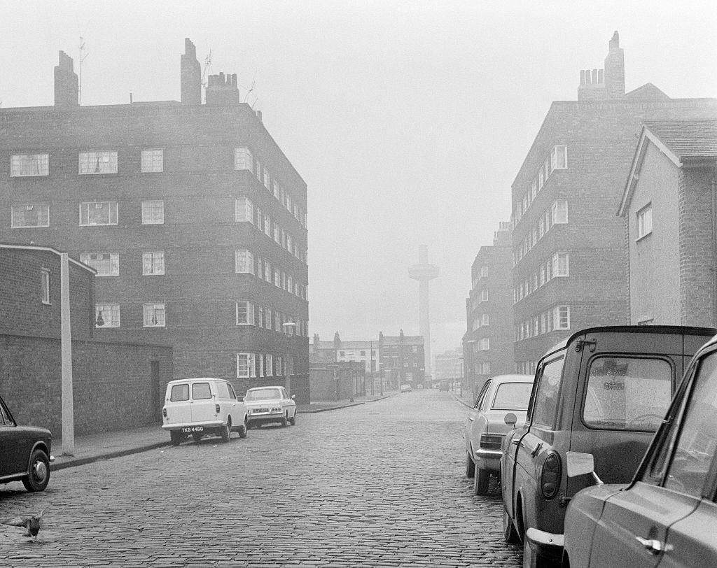 #21 View of a street in Liverpool showing the iconic Radio City Tower in the background, Merseyside. Circa 1970.