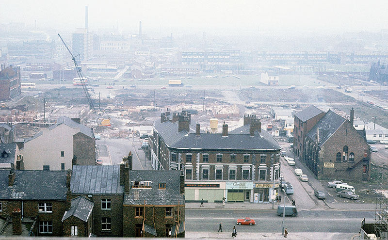 #30 View across Oxford Road at All Saints, looking east from the Chatham Building, November 1970.
