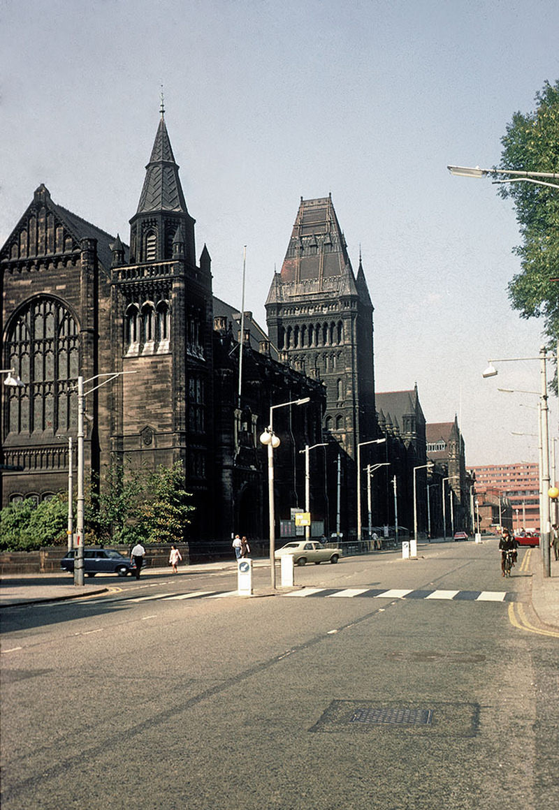 #40 The Victorian buildings of the University of Manchester on Oxford Road, looking north towards the city centre. Photographed in September 1971.