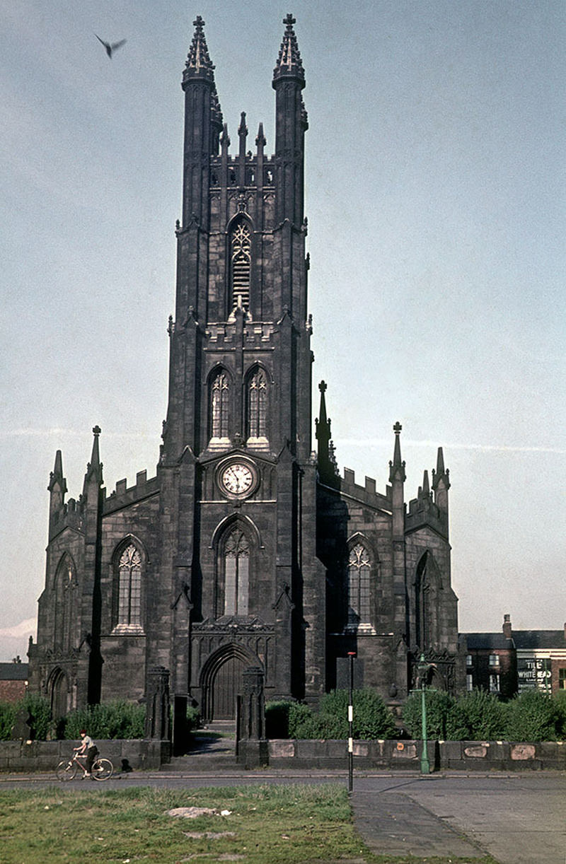 #55 The west front of St George’s church on Chester Road, Hulme, around 1970