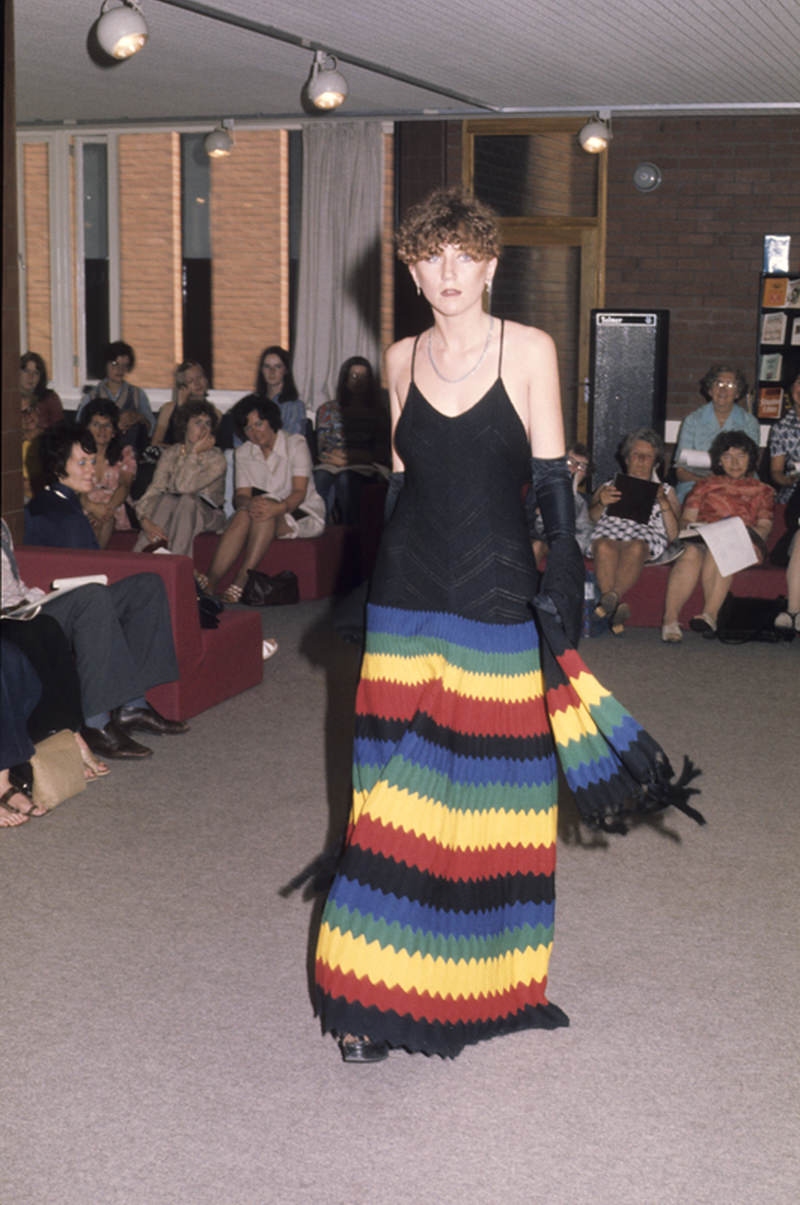 #42 Model displaying student work at the dress show at Manchester Polytechnic’s Faculty of Art and Design in 1975.