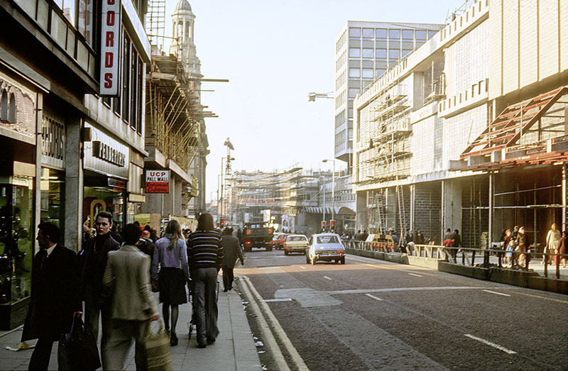 #2 View along Market Street towards St Mary’s Gate and Deansgate in 1975, during construction of the Arndale Centre (right).