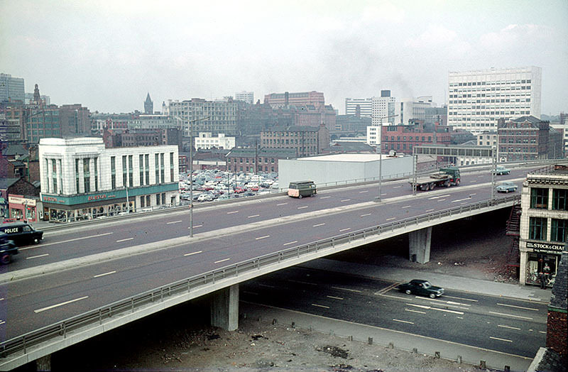 #14 The elevated section of the Mancunian Way, crossing Oxford Road. Taken from the Cavendish School at All Saints, c. 1970.