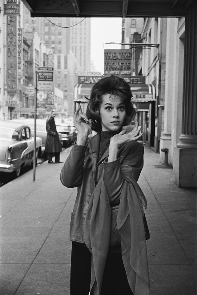 #10 Jane Fonda posing near the entrance to the Cort Theatre.