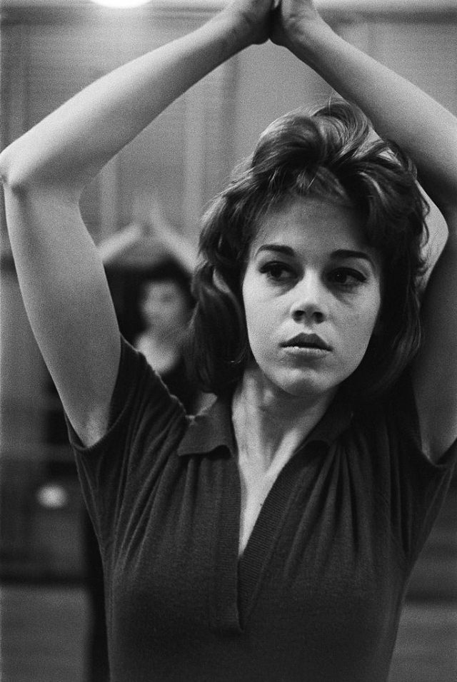 #18 Close look of Jane Fonda taking dance lessons.