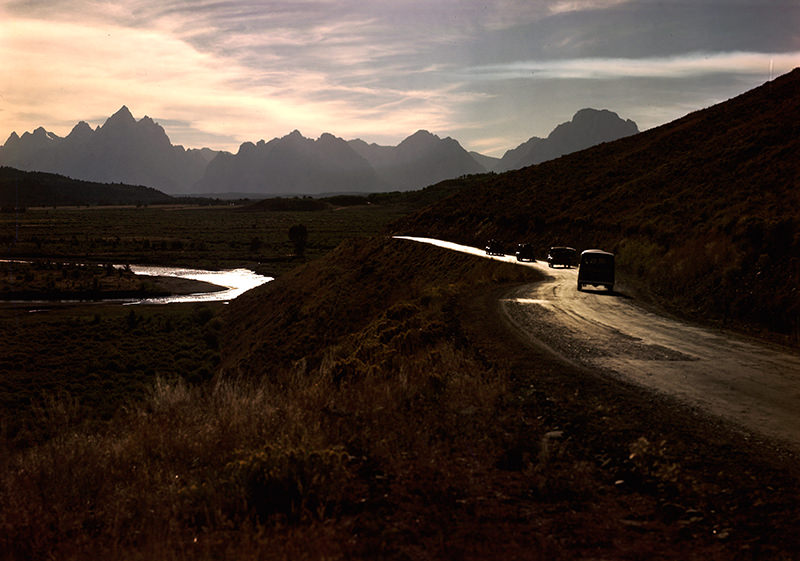#22 Entering Jackson Hole from the east along the Blackrock Creek with the Grand Tetons in the background. Jackson Hole, Wyoming, 1948.