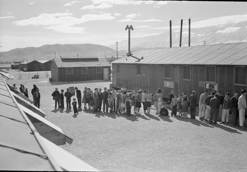 #29 People of all ages wait in a line in front of a building at midday.